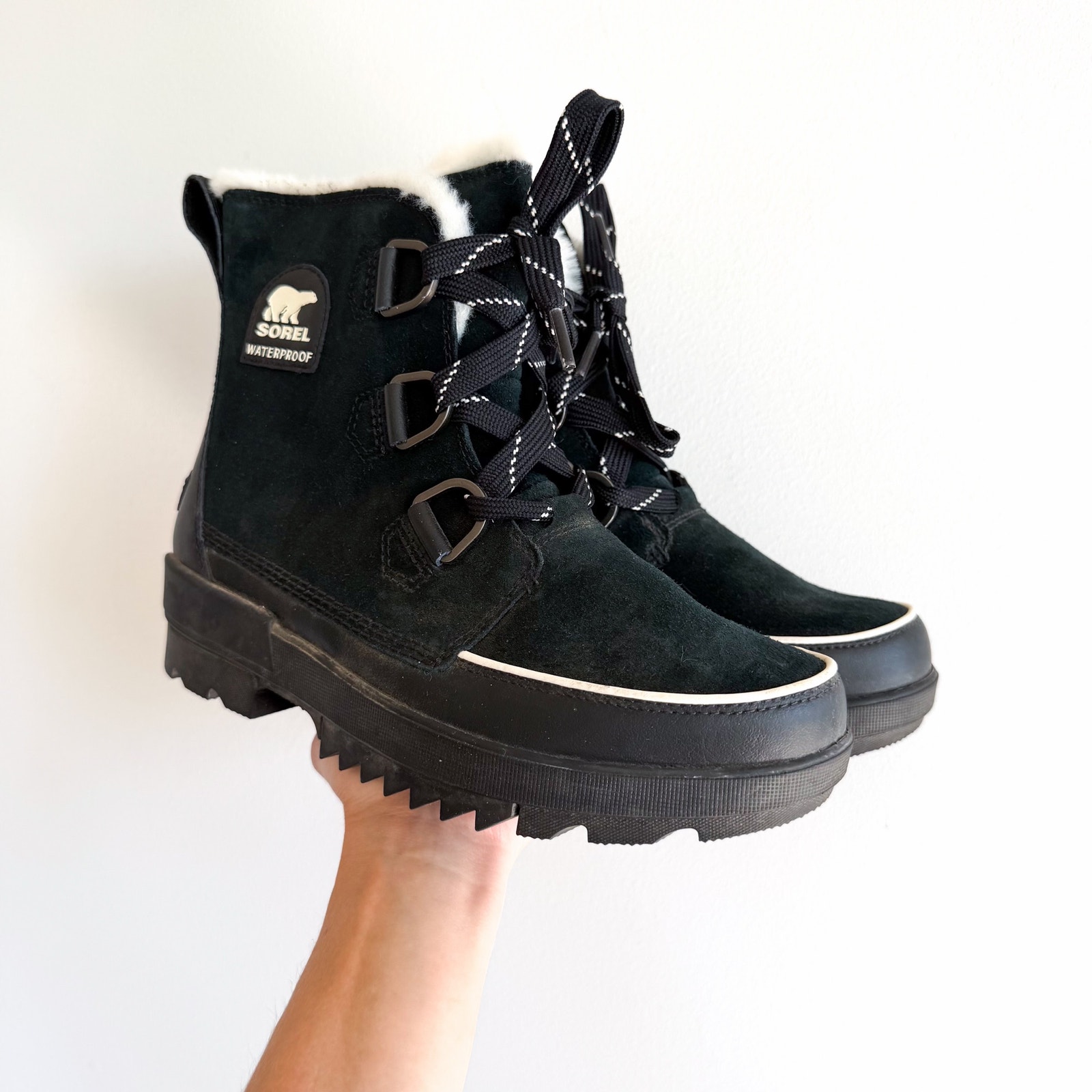 Sorel Tivoli V Faux-Fur Trim Suede Round Toe Lace Up Ankle Winter Boots Black 9